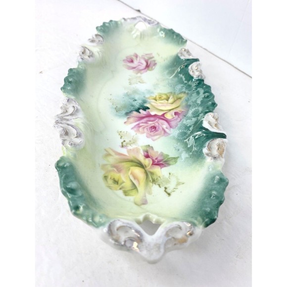 RS Prussia FLORAL 9.5” Dish GREEN ACCENT, Vintage - Picture 12 of 12